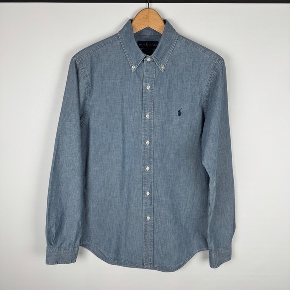 Ralph Lauren Slim Fit Chambray Button Down Shirt Mens M Blue Long Sleeve Logo - Picture 8 of 8